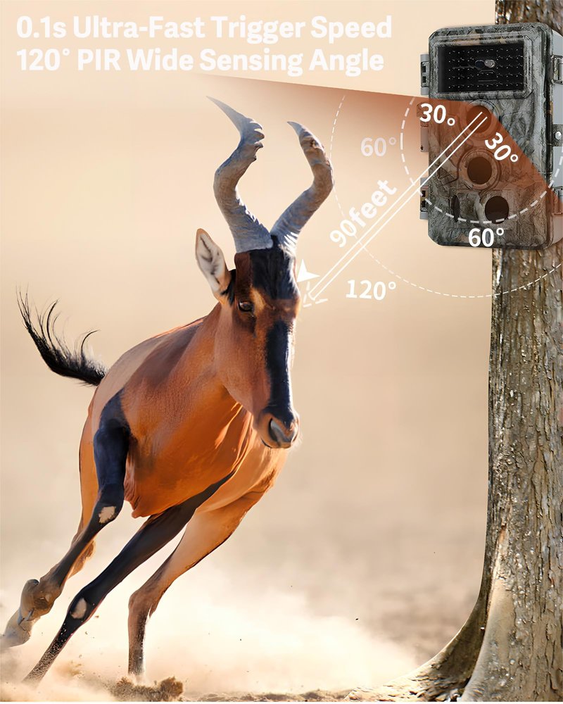 64MP 1296P Trail Camera, 0.1s Trigger 120° Wide Angle Game Camera, Outdoor No-Glow Infrared Trail Cam with Night Vision Motion Activated IP66 Waterproof for Hunting Wildlife Deer Monitoring Security