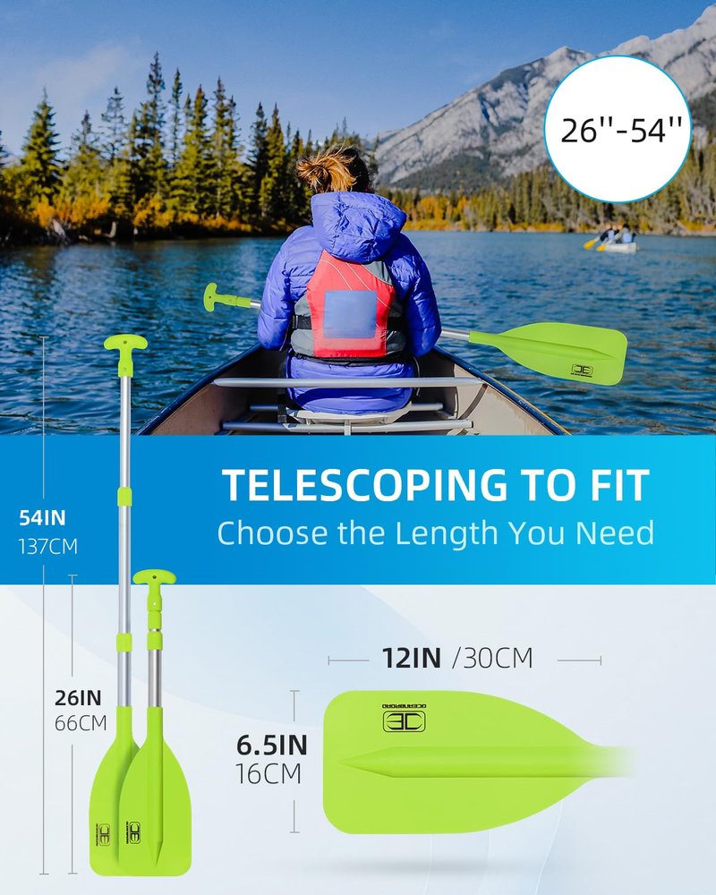 OCEANBROAD Telescoping Emergency Paddle 21''-42''（Assembling Required） Collapsible Paddles Aluminium Shaft for Kayaking Boating Canoeing River Tubing, Green, 2 Paddles