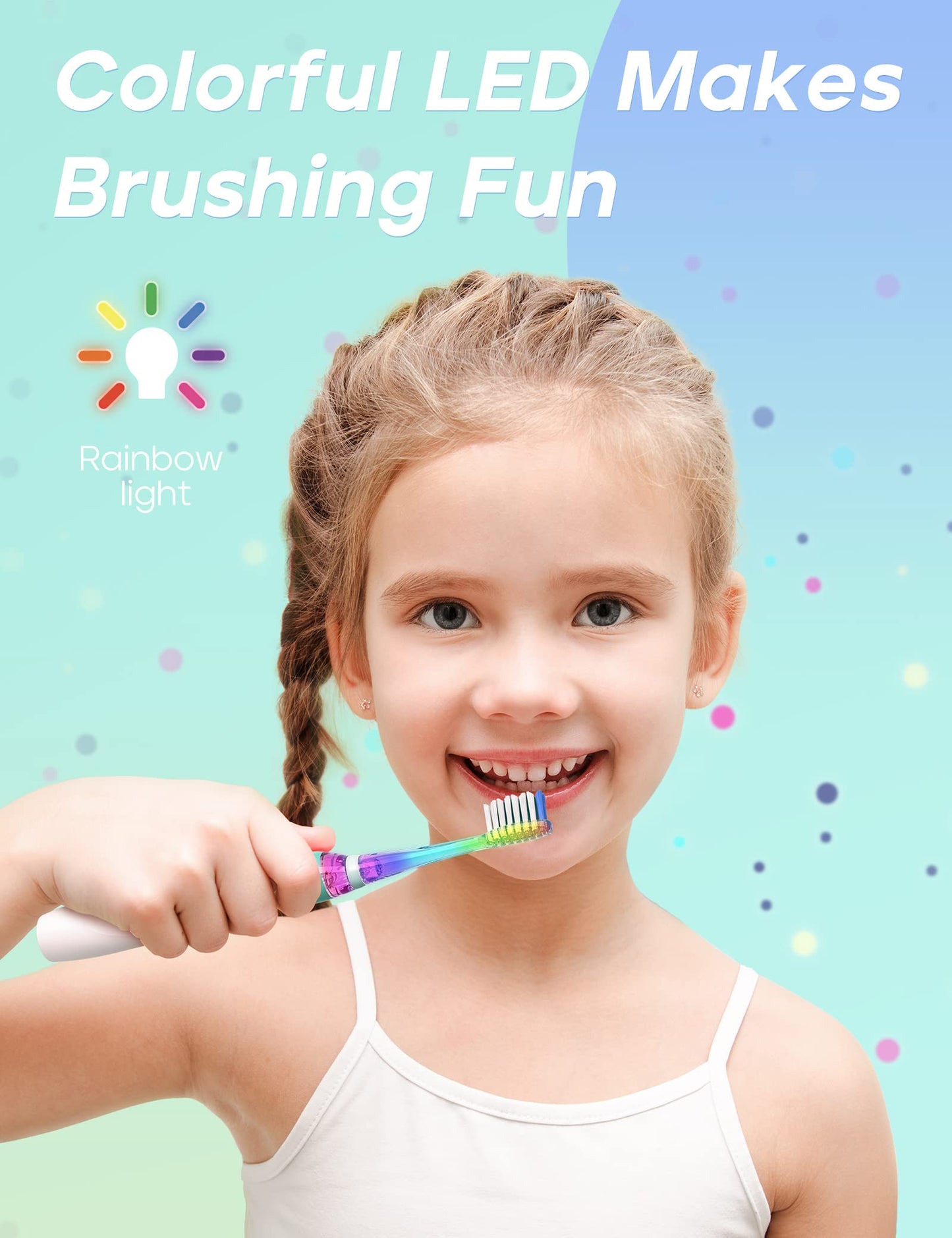 SEAGO Kids Electric Toothbrush with 2 Mins Brushing Timer and 4 Replacement Bursh Heads, Rainbow LED Light Make Brushing Fun, Boys Battery Powerd Toothbrush for 4-12 Years Old，SG-977 (Light Blue)