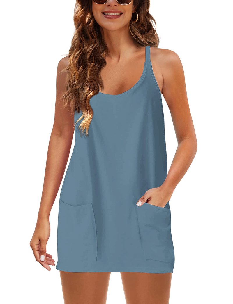 Lentta Womens Athletic Sleeveless Mini Dress with Built-in Shorts V Neck Spaghetti Strap Sundress(Bluegrey-L)