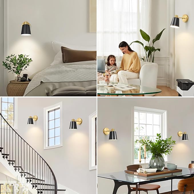 2 Pack Black and Gold Wireless Battery Operated Wall Sconces, Dimmable Battery Powered Wall Decor Set of 2, Cordless Wall Light Lamp with Remote Control for Bedroom Living Room