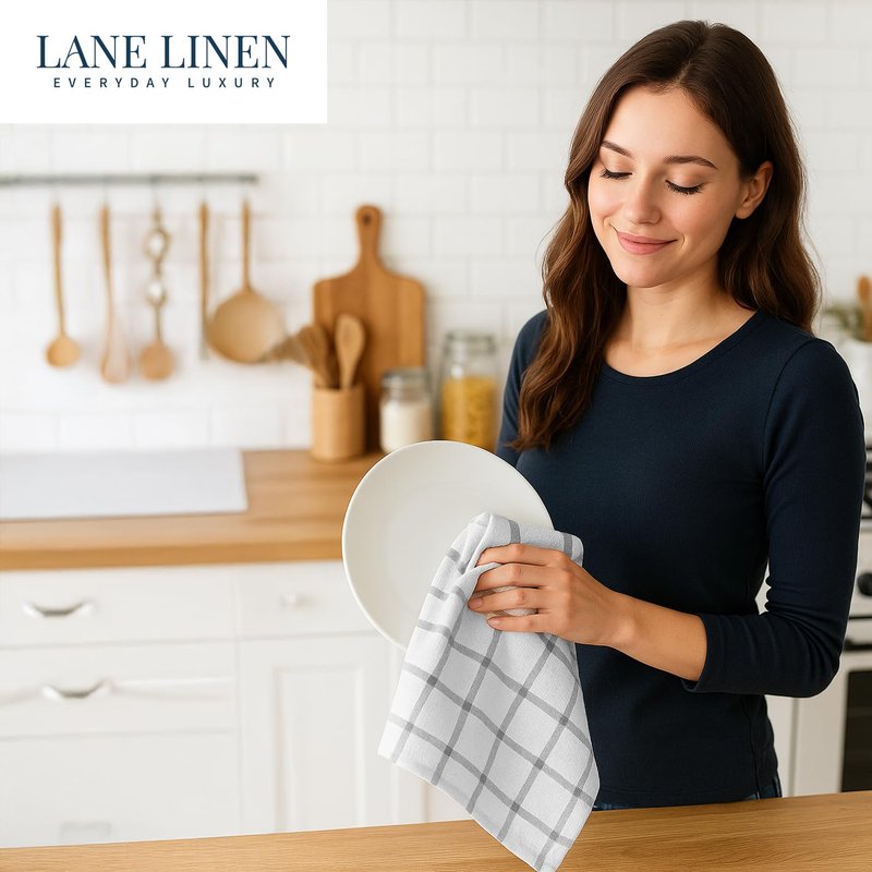 LANE LINEN Cotton Kitchen Towels and Dish Cloths Set, 6-Pack – Absorbent, Quick-Drying Dish Towel, 18" x 28", Soft, Premium Hand and Tea Towels - Grey