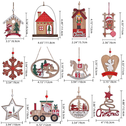 IDATOO Christmas Ornaments, 12 PCS Wooden Christmas Tree Decorations, 3D Rustic Farmhouse Christmas Ornaments Sets Holiday Hanging Decor Keepsake for Party Holiday Home Decor (12pcs Red)