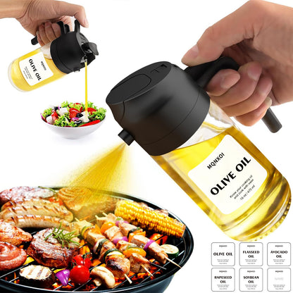 2 in 1 Glass Oil Sprayer & Dispenser,16oz/470ml Olive Cooking, Air Fryer, and Salad, for Kitchen Gadgets and Air Fryer Accessories, w/Stickers (Black)