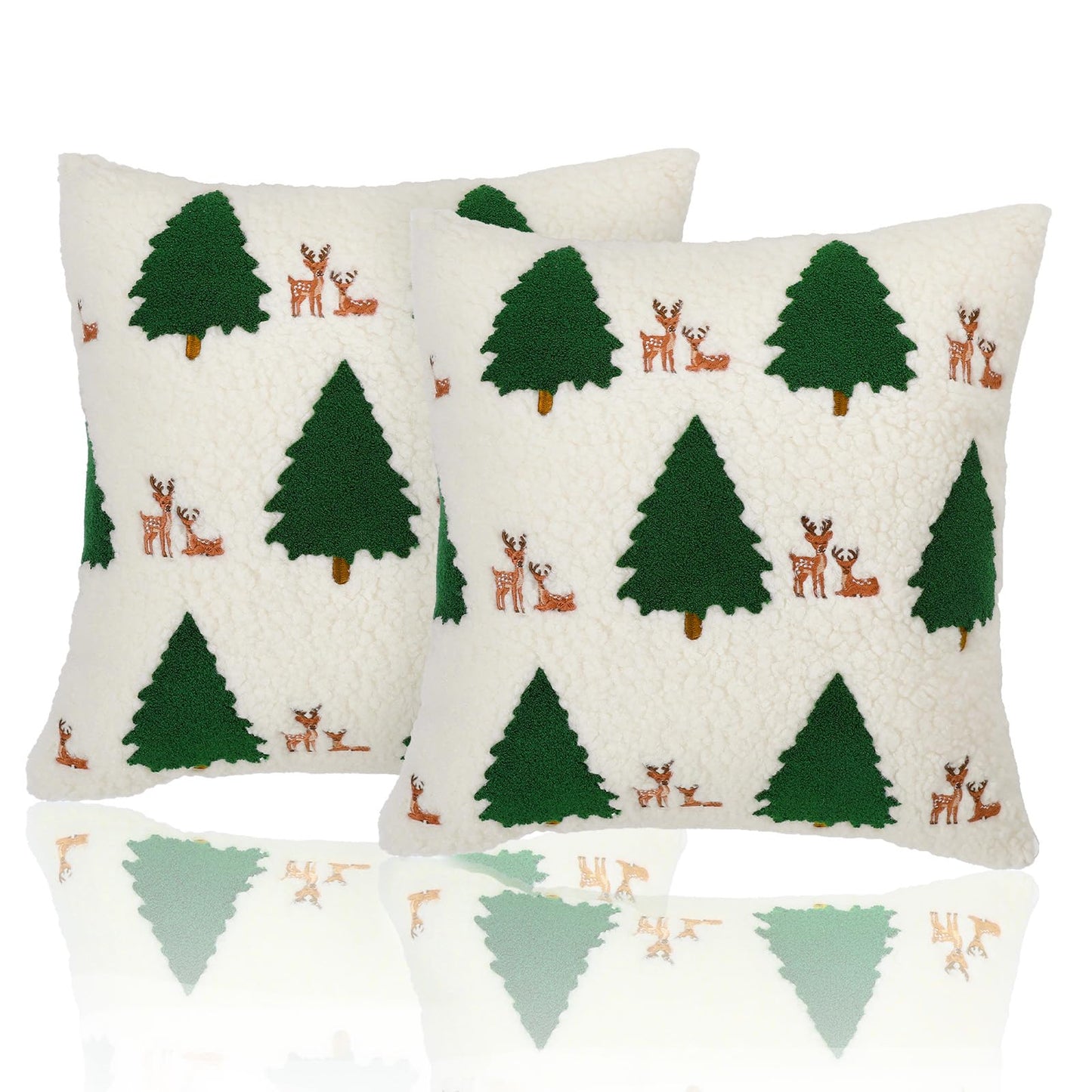 Lewondr Christmas Pillow Covers 18x18 inch, 2 Pack Christmas Throw Pillow Covers with Reindeer Embroidery, Soft Velvet Xmas Tree Pillows Cover for Living Room Couch Sofa Bed Home Decoration, Beige