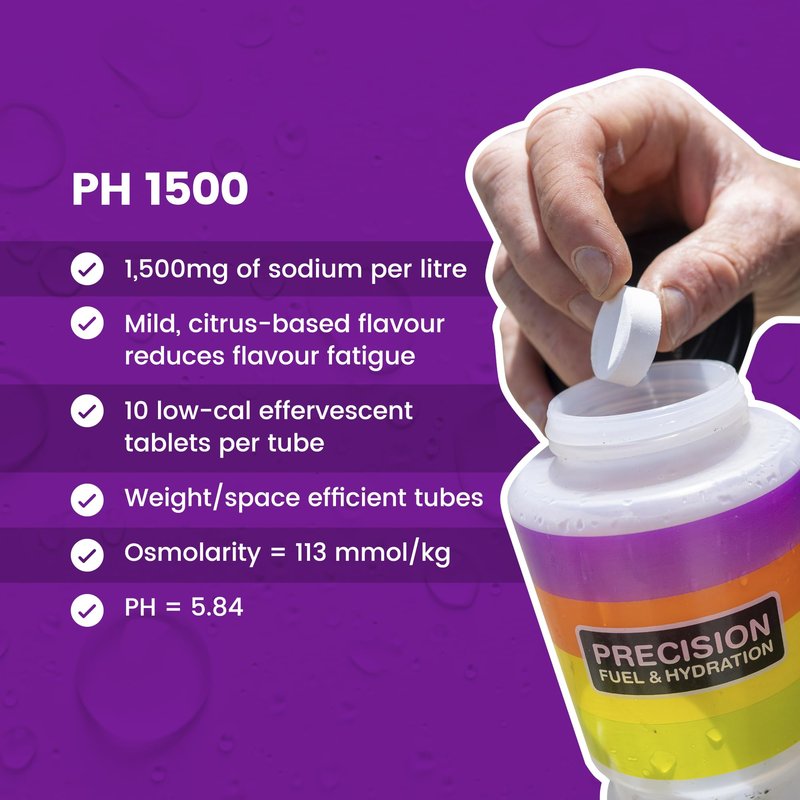 Precision Hydration Electrolyte Tablets - Multi Strength Effervescent Hydration Tablets - Combats Cramp - Low Calorie, Gluten Free, Vegan/Vegetarian Friendly (1 Tube, 1500mg/L - Purple Tube)