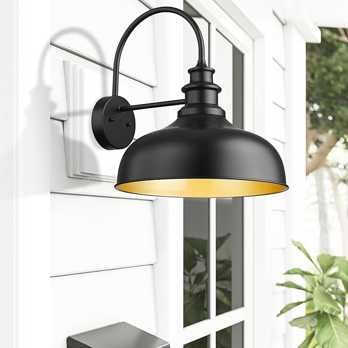 Bestshared Large Farmhouse Barn Lights 16 Inch Dome Outdoor Wall Lighting Fixture Industrial Gooseneck Sconces Exterior Mount Light, Black Outdoor Wall Lantern (1Pack, Black+ Gold)