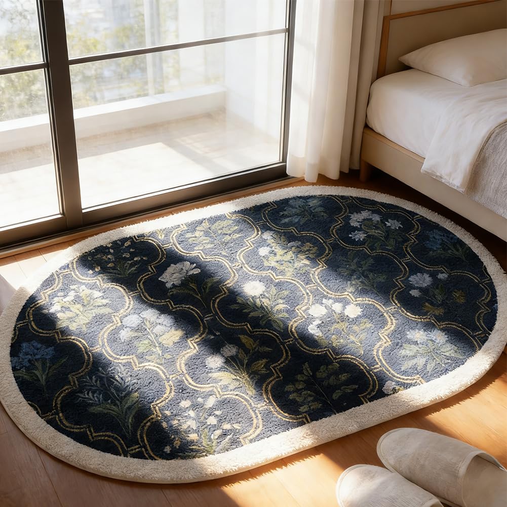 gdmgdr Spring Floral Bathroom Rug 32" x 20" Wild Flowers Bathroom Mat Boho Floral Bath Rug (Oval, Blue)