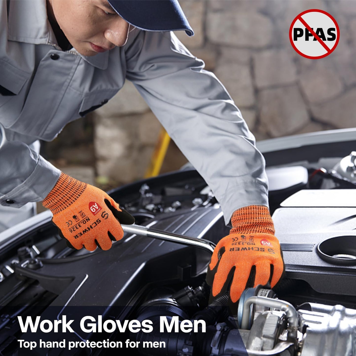 Schwer ProGuard Highest Level Cut Resistant Work Gloves PR3326 for Extreme Protection，Level 9 Cut Gloves with Reinforced Thumb, Non Slip, Breathable, Durable, Touch-screen, PFAS Free, Orange 1 Pair（M）