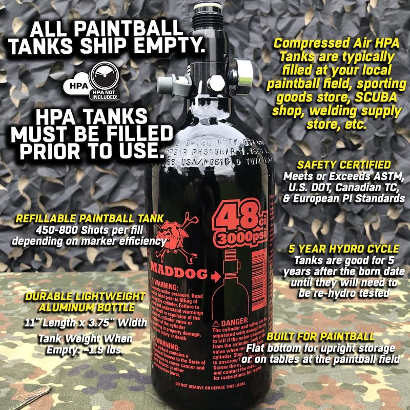 Maddog 48/3000 Aluminum Compressed Air HPA Paintball Tank with Regulator - Airgun Airsoft PCP - Fresh Hydro Date - Ships Empty - Single - Refillable