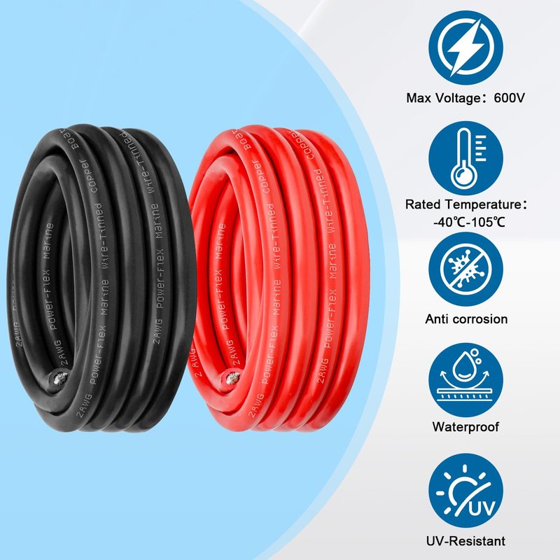 2 Gauge Marine Wire, 2 AWG Tinned Copper Electrical Wire, Boat Cable for Automotive, Solar, Car Audio, Trailer, Camper & Marine Wiring(2 AWG, 5FT Red + 5FT Black)