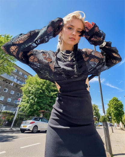 Gothic Crop Tops for Women Hollow Out Fishnet Grunge Clothes Y2k Punk Top Long Sleeve Black Knit Ripped Sweater