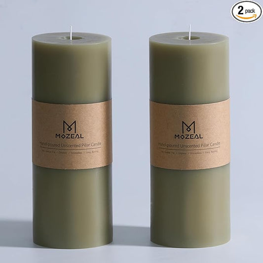 MOZEAL 4" x 10" Extra-Large Sage Pillar Candles (Set of 2), Unscented, Dripless, Smokeless, Long Clean-Burning, Tall 10 inch Large Sage Pillar Candles Perfect for Spring Weddings and Easter Decor