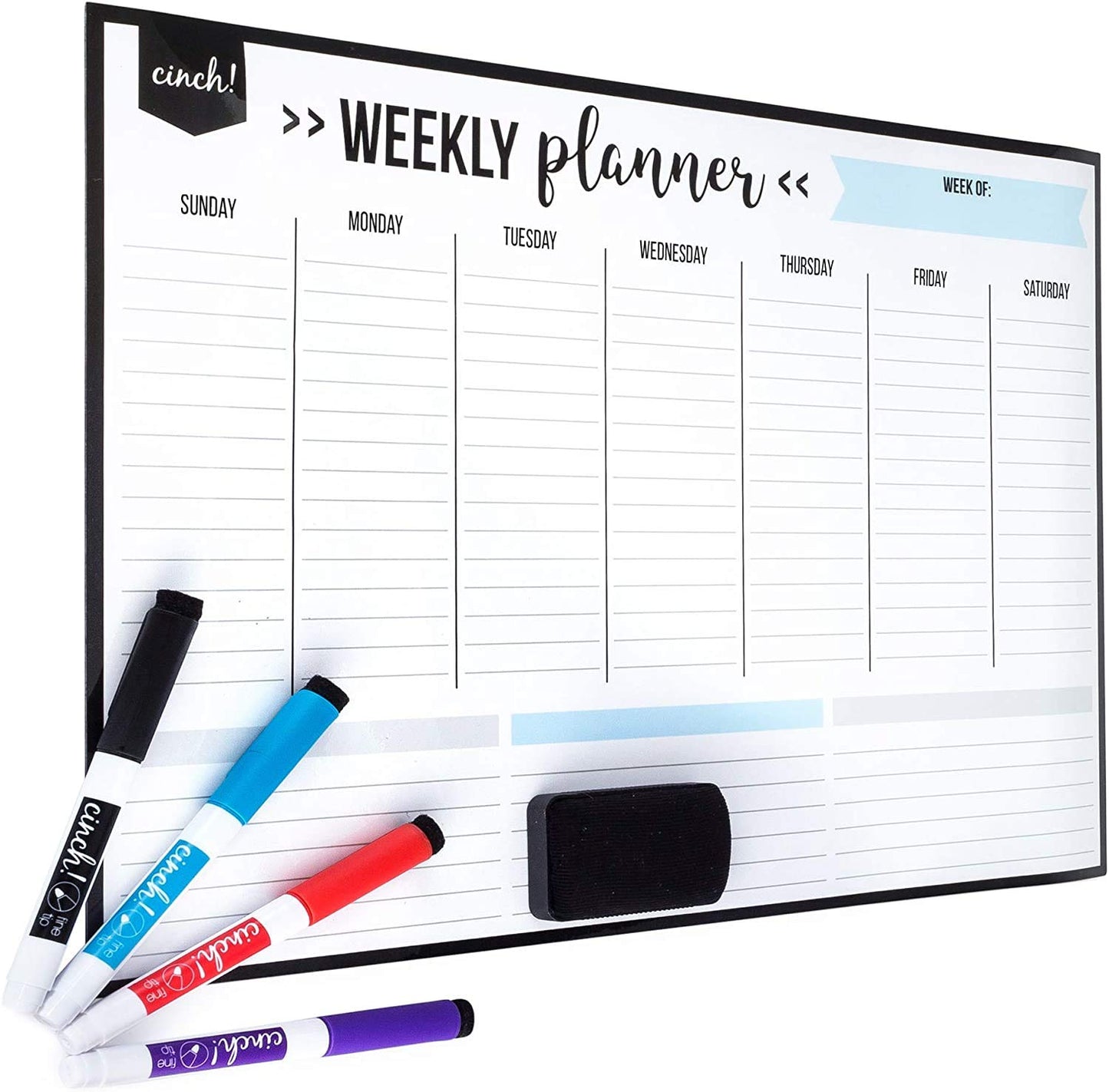 cinch! 17x12-Inch Magnetic Weekly Planner/Calendar for Fridge and Meal Planner - Stain Resistant Dry Erase Whiteboard with 4 Fine Tip Markers and Eraser for Easy Scheduling