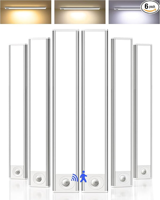 Under Cabinet Lighting, 12inch Rechargeable Motion Sensor Light Indoor, 1800mAh Battery Operated Closet Lights, with Dimmable & 3 Color Temps, Wireless Under Counter Lights for Kitchen,Stairs(6Pack) ﻿