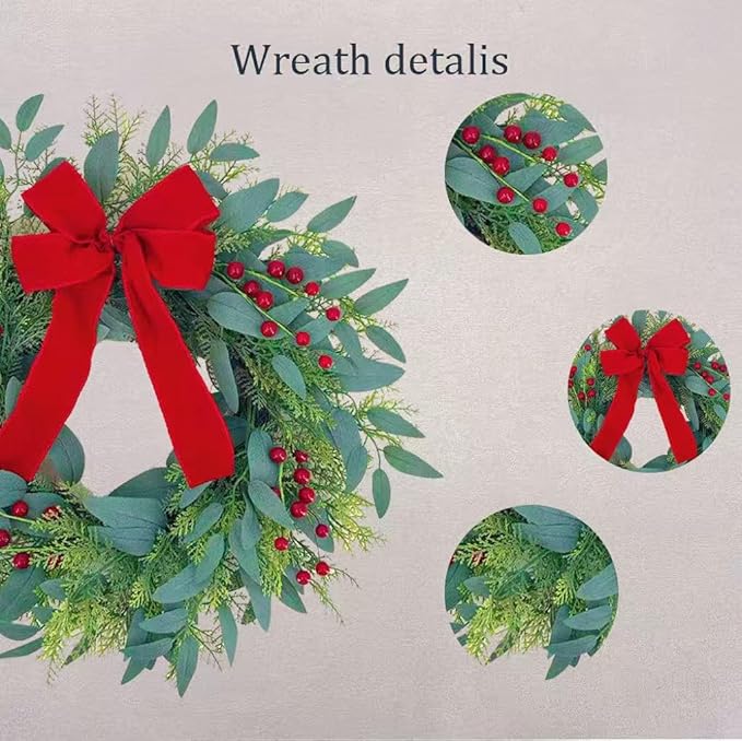 20 Inch Christmas Wreath for Front Door,Artificial Realistic Green Leaves with Red Bow, Used for Window, Wall, Porch, and Other Indoor and Outdoor Home Decorations