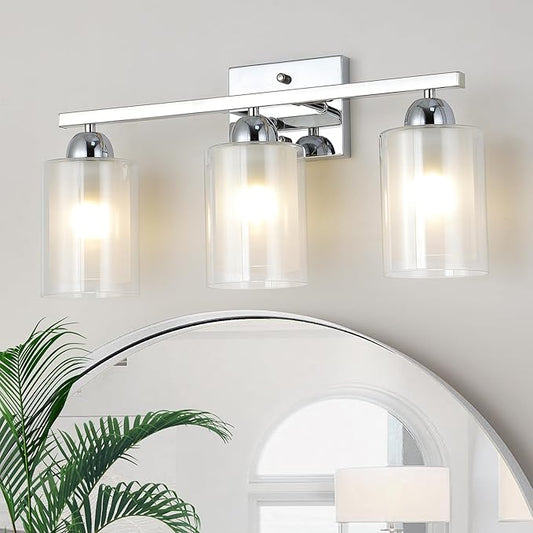 Stainless Steel Bathroom Vanity Light Over Mirror, 3 Light Polished Chrome Bathroom Light Fixtures with Milk Glass and Clear Glass Shades, Modern Vanity Lighting Wall Mount