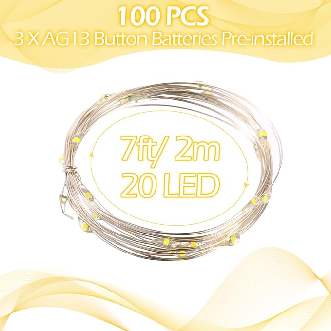Hortsun 100 Packs Fairy Lights Battery Operated 3 Speed Modes, 7 Ft/ 2 M 20 LED Battery String Mini Waterproof Wire Twinkle Lights Bulk for Wedding Party Birthday Vases (Warm White)