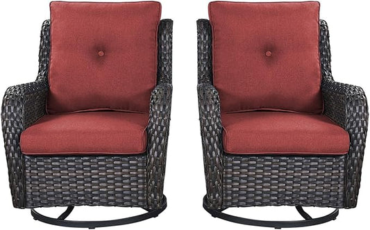 Rilyson Patio Chairs Rocking Swivel Chiar - 2 Piece Outdoor Wicker Furniture Chairs Set Rattan Rocker Chairs with High Back and Deep Seating for Outside Porch Deck Garden(Brown/Red)