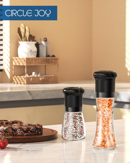 CIRCLE JOY Manual Salt and Pepper Grinder Set For Professional Chef, Refillable Salt and Pepper Shakers with Ceramic Blades, Adjustable Coarseness and BPA-free 180ml Glass Container, Tall Black White