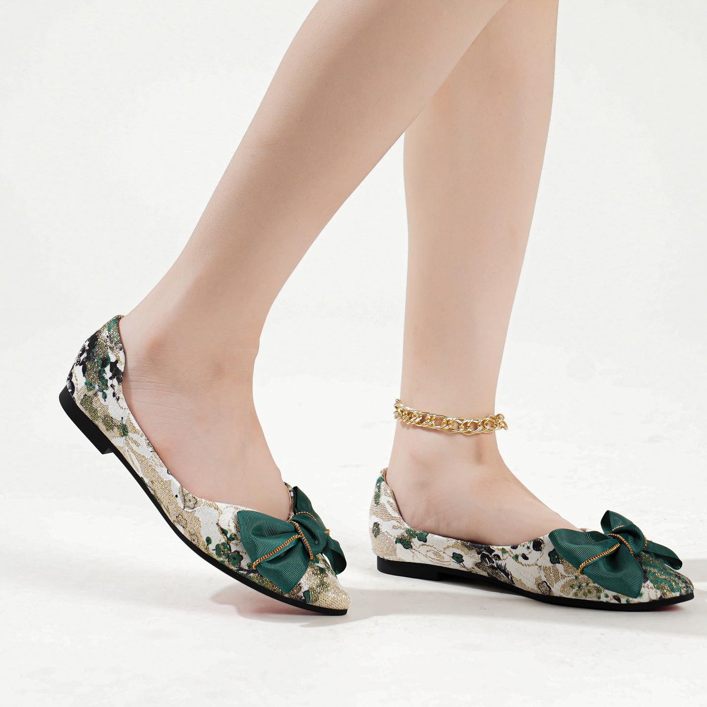 Women's Flats Shoes Pointed Toe Bow Embroidery Ballet Comfortable Dressy Slip On Flat Shoes Green Size 8.5