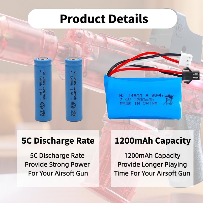 Itexkun 2 pcs 7.4V 1200mAh 5C Li-on Battery SM-2P Plug for Airsoft Gun Water Ball Gun Battery Gel Blaster