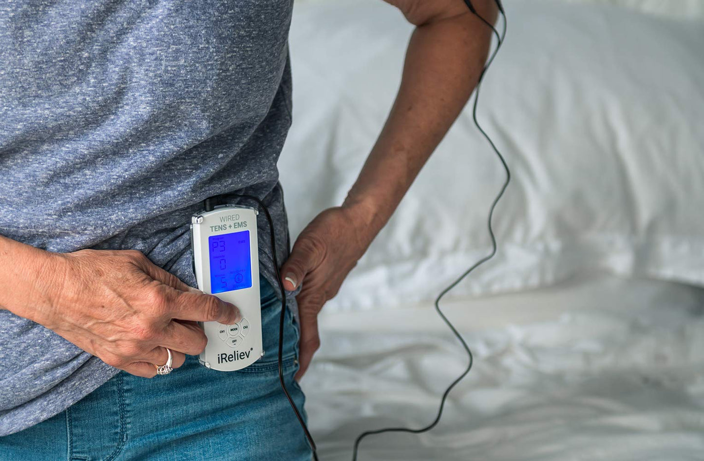 iReliev TENS Unit + EMS Muscle Stimulator Comes with 14 Therapy Modes, Premium Pain Relief and Recovery System, Rechargeable, Large Back Lit Display, Large and Small Electrode Pads