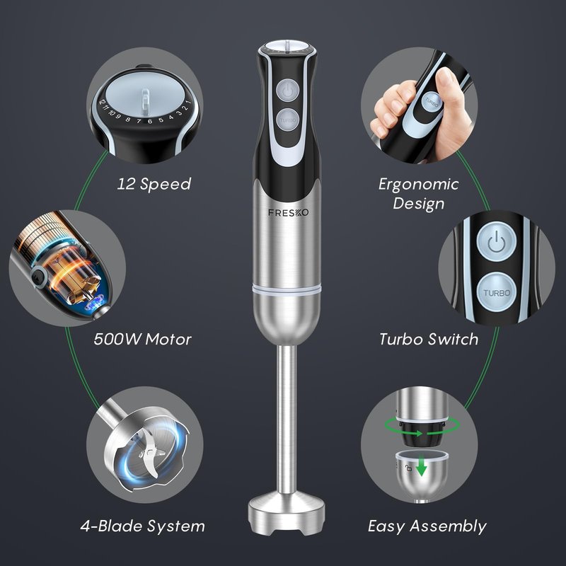 Immersion Blender Handheld, Stainless Steel Hand Electric Stick Mixer with 12-Speeds & Turbo Mode, Powerful 500W Emulsion Blender with Beaker, Chopper & Whisk for Smoothie, Puree, Baby Food