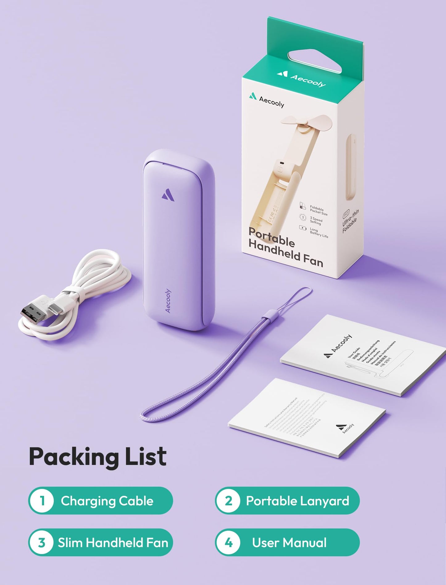 Aecooly Slim Portable Fan, Thin Handheld Fan, USB Rechargeable Mini Personal [24H Max Cooling Time], Battery Powered Small Foldable Pocket for Travel, Summer, Gifts for Women, Girls -Purple