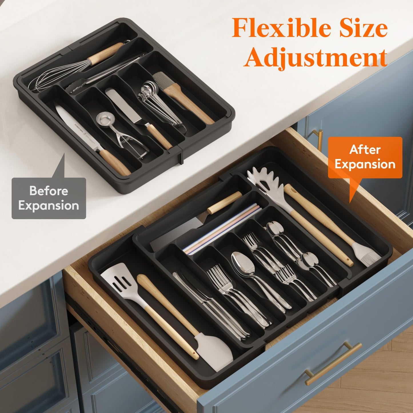 Lifewit Expandable Cutlery Drawer Organiser, Adjustable Cutlery Tray, 9 Compartment, Utensil Holder for Forks, Spoons, Knives, Plastic Kitchen Organiser and Storage, Black