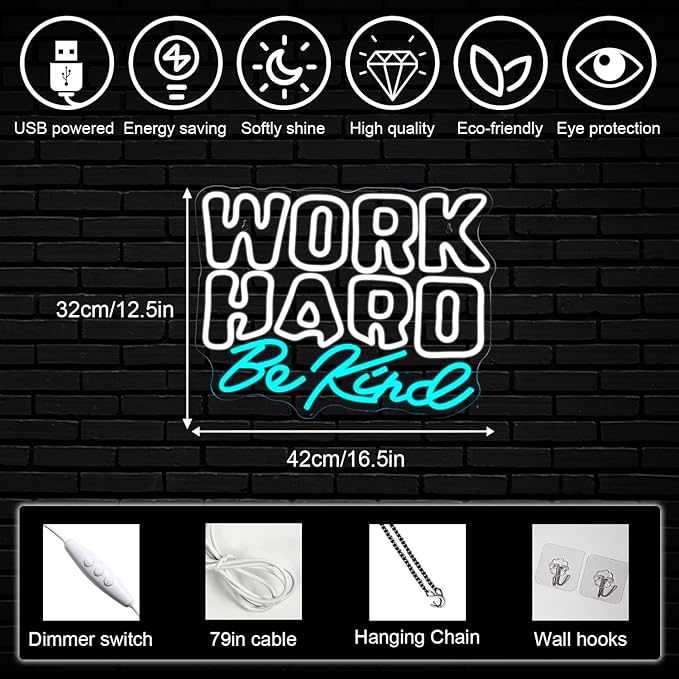 Work Hard Be Kind Neon Sign, Dimmable Neon Signs for Wall Decor, White Blue Neon Light Work Hard USB Led Sign for Office Study Room Classroom Bedroom Meeting Room Decoration