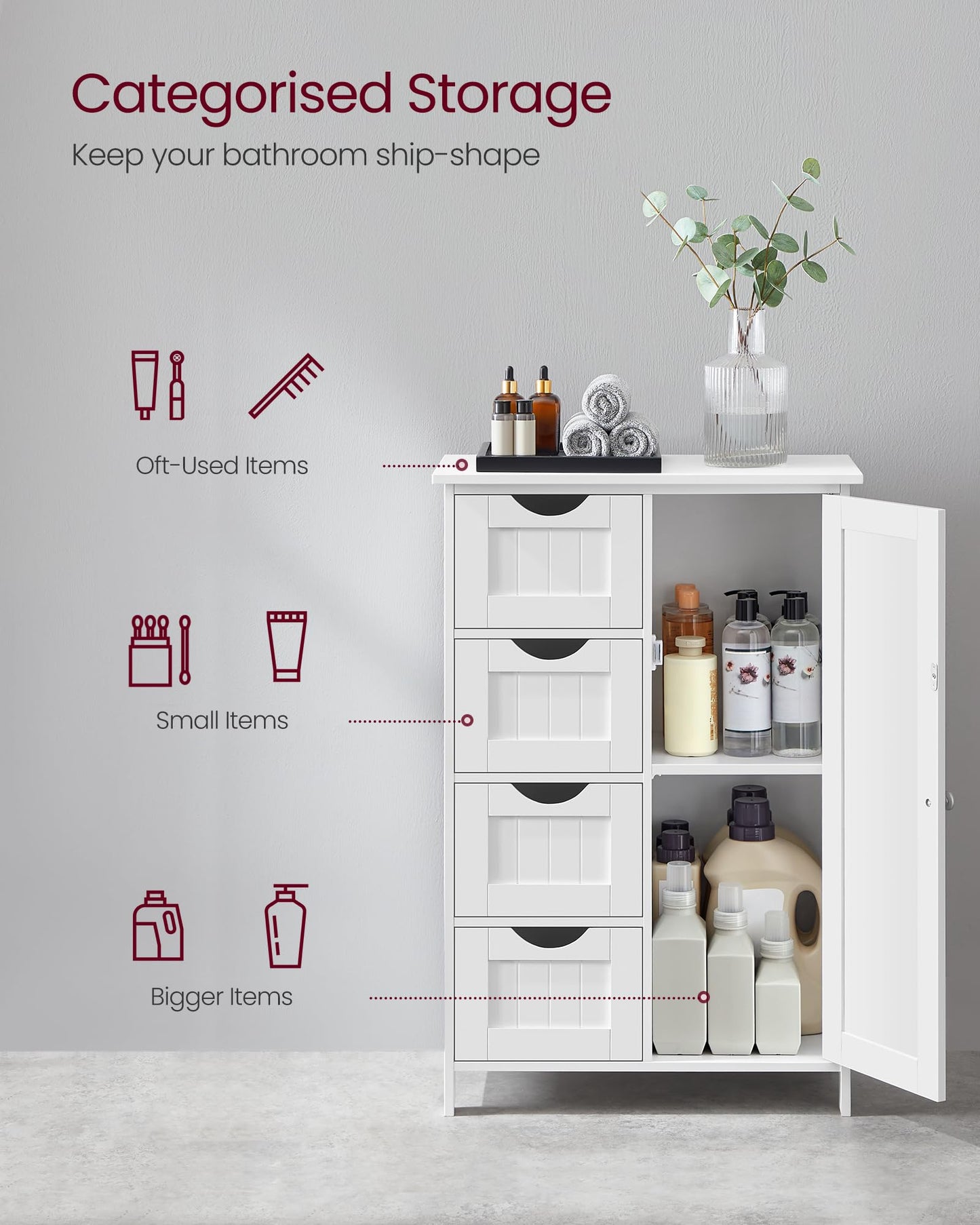 VASAGLE Bathroom Floor Storage Cabinet, Wooden Storage Unit with 4 Drawers, Single Door, Adjustable Shelf, for Living Room, Kitchen, Entryway, White LHC41W