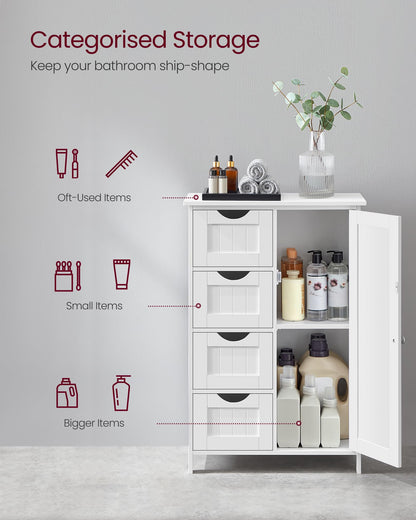 VASAGLE Bathroom Floor Storage Cabinet, Wooden Storage Unit with 4 Drawers, Single Door, Adjustable Shelf, for Living Room, Kitchen, Entryway, White LHC41W