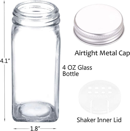SWOMMOLY 36 Glass Spice Jars with 703 Spice Labels, Empty Square Spice Bottles 4 oz with Pour/Sift Shaker Lid, Airtight Cap, Chalk Marker and Funnel Complete Set
