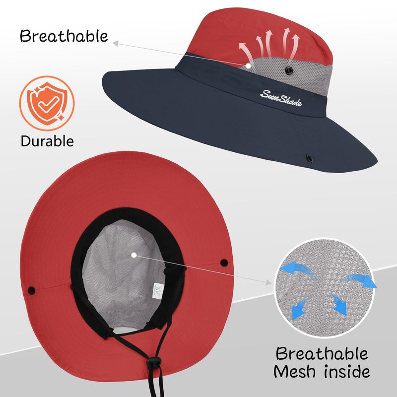 ZOORON 1 Pack Women's Ponytail Safari Sun Hat,Wide Brim UV Protection Outdoor Bucket Hat,Foldable Beach Summer Fishing Hat(red)