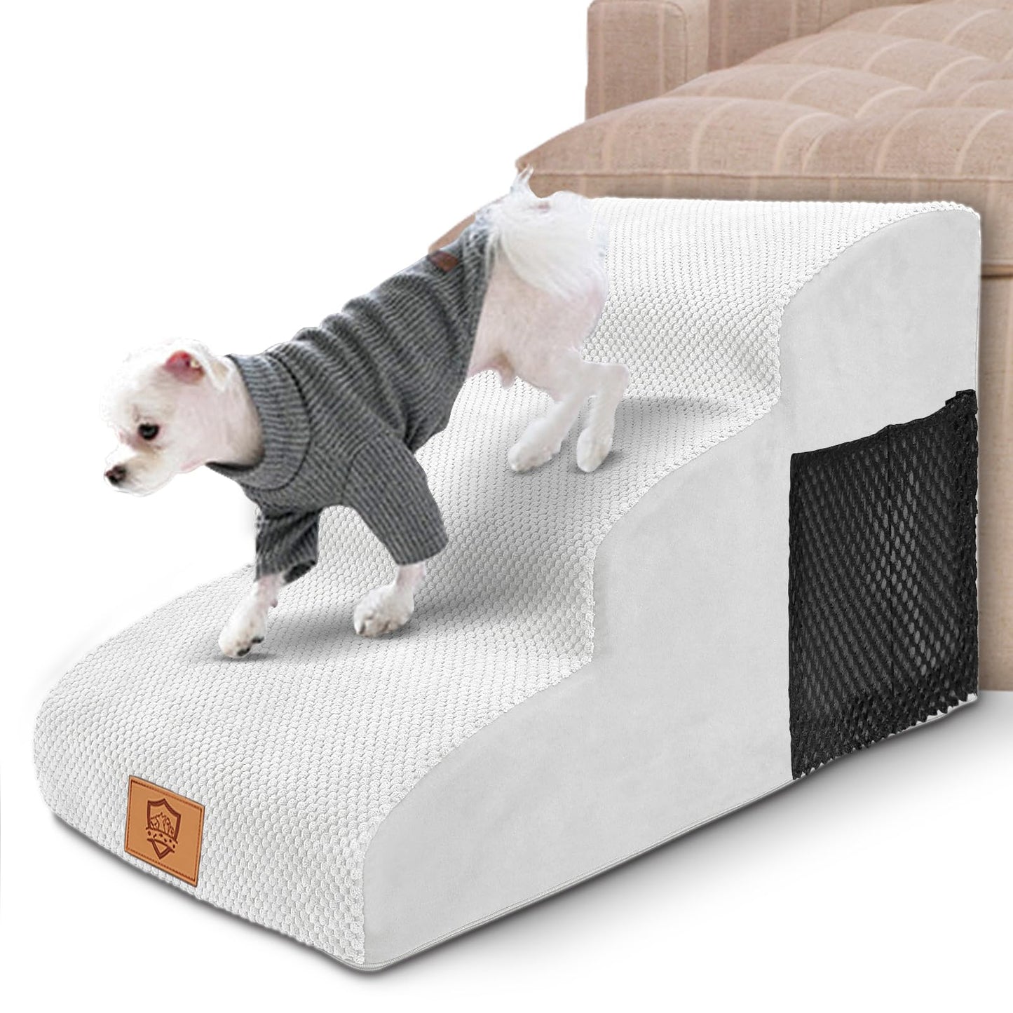 Myiosus Dog Stairs, 3-Step Non-Slip Pet Steps for Sofa and Bed, High Density Foam Dog Ramp with Removable Washable Cover for Small Dogs/Cats, 60x40x40cm, White