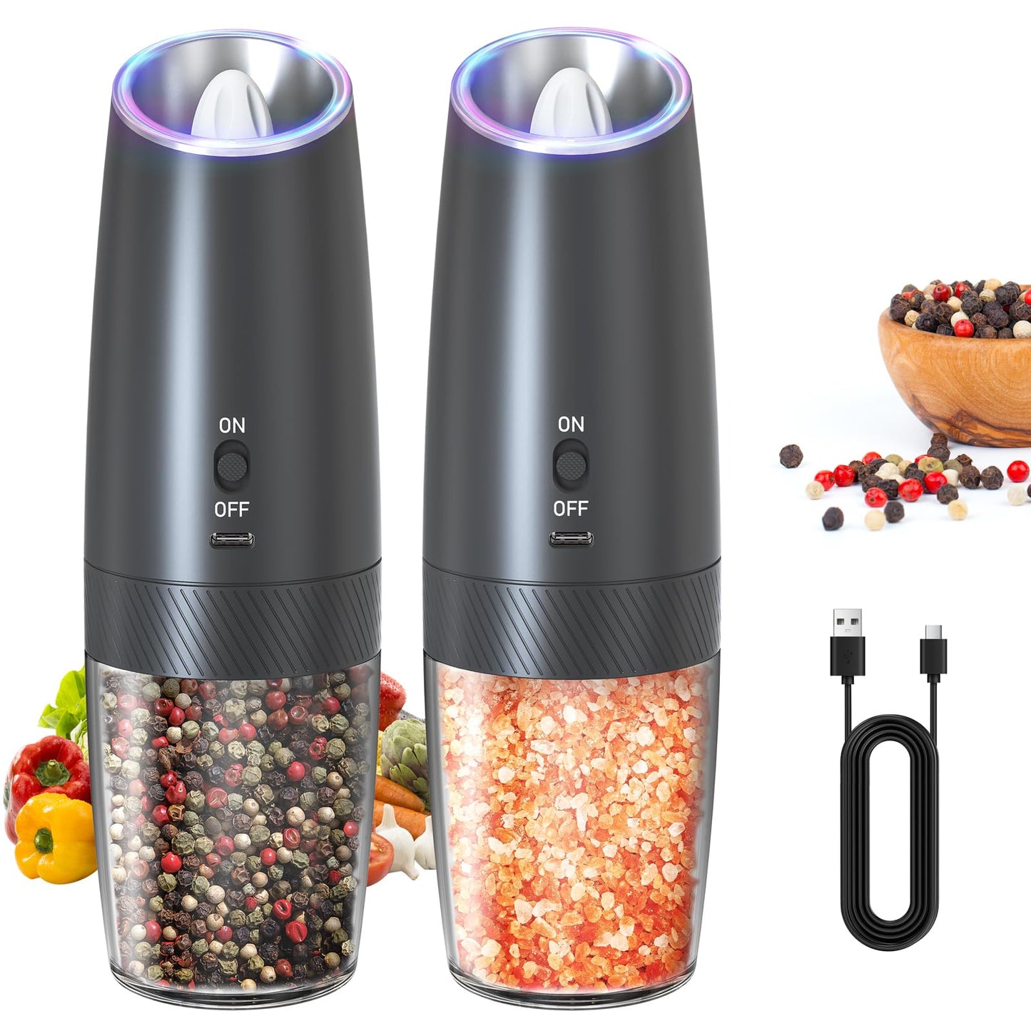 CIRCLE JOY Gravity Electric Salt and Pepper Grinder Set Rechargeable Salt and Pepper Shakers Automatic Mill Grinder with White LED Light, Adjustable Coarseness, Washable 135ml Container, Black