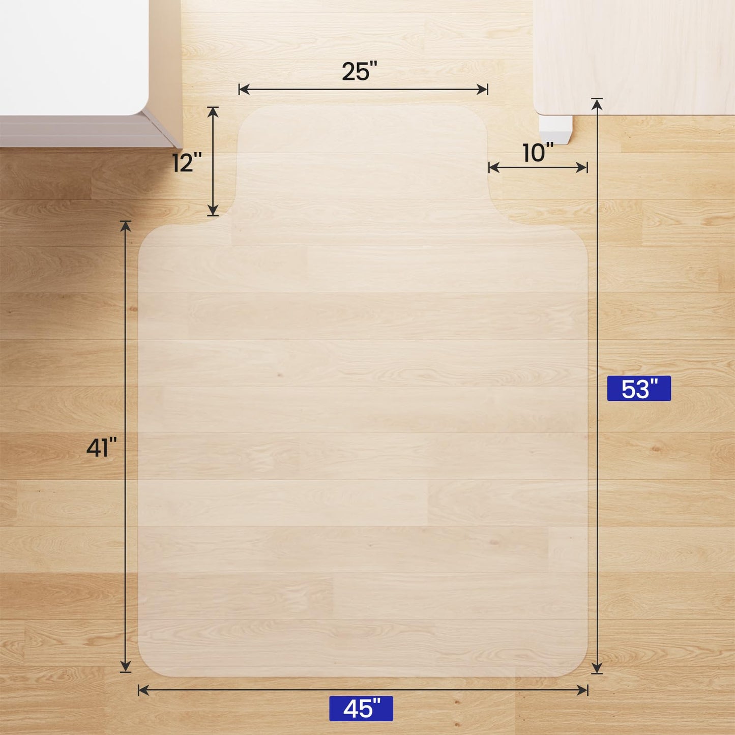 Delamu Chair Mat for Hardwood Floor, 45"×53" Large Office Desk Mat for Rolling Chairs, Computer Gaming Desk Mat, Floor Protector for Home Office, Transparent, Not for Carpet