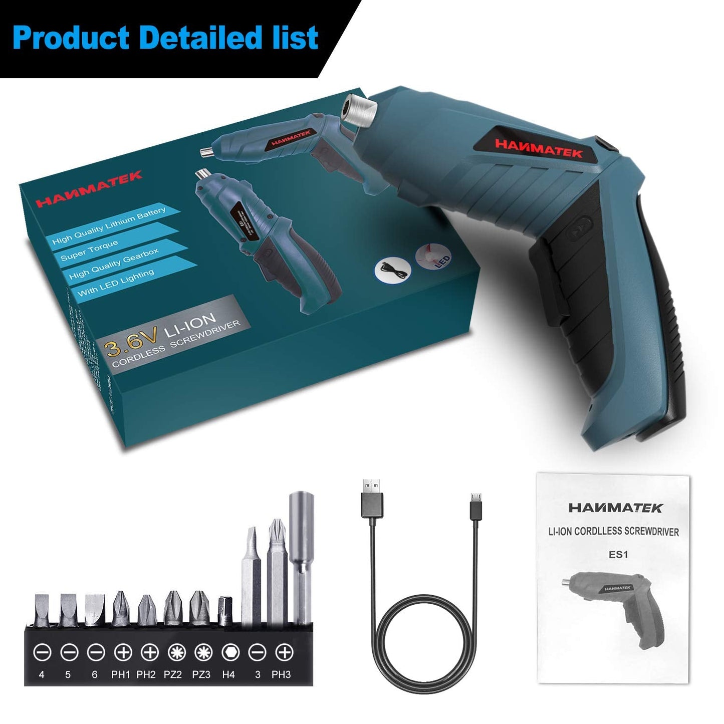HANMATEK Electric Screwdriver Cordless Screwdriver Tool Rotated 90 Degrees with Rechargeable Battery & LED Light for Home DIY