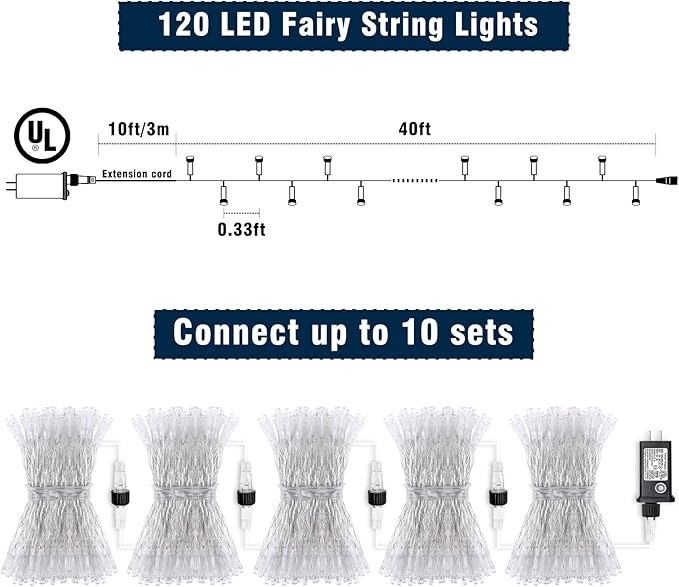 120 LED String Lights Plug in 8 Modes Clear Wire, Waterproof Twinkle Fairy Lights for Indoor Outdoor Bedroom Wedding Party Easter Decorations