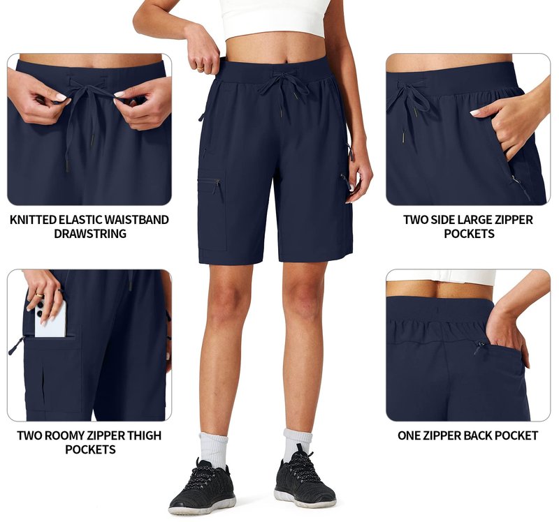 Ksmien Women's Hiking Cargo Shorts Quick Dry Lightweight Summer Shorts with Zipper Pockets for Travel Golf Camping Navy