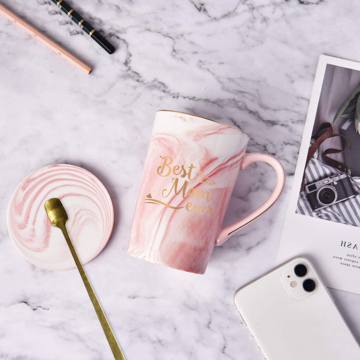 YHRJWN Best Dad and Mom Marble Ever Coffee Mug Set - with Gift Box Coaster Spoon for Christmas Birthday Parent Gift from Daughter Son 14 Oz Each