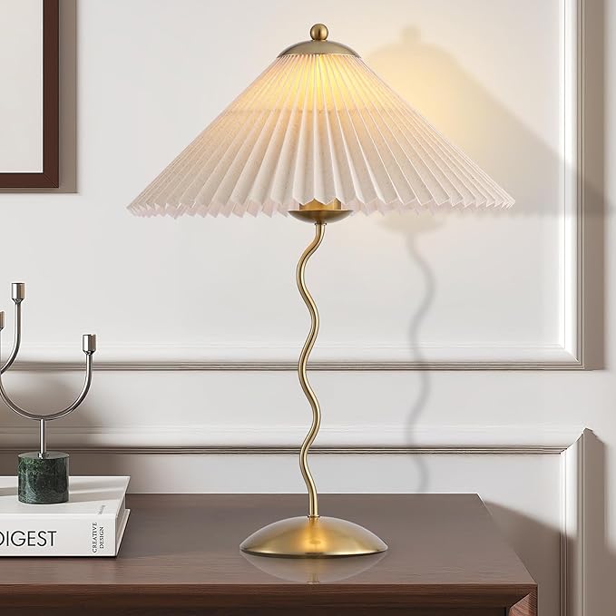 Pleated Table Lamp, S Tube Modern Table Lamp for Bedroom, Bedside Lamps with Organic Textured Linen Lampshade for Nightstand Bedroom Home Office Decor, Gold