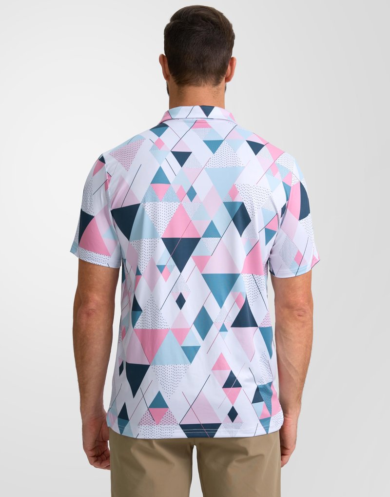 Obla Mens Golf Polo Shirts Short Sleeve Dry Fit Performance Moisture Wicking Casual Print Collared Golf Shirts for Men(White Pink Geometry_S)