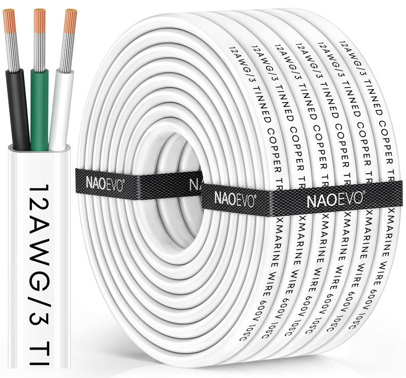 NAOEVO 12 Gauge Marine Wire, 12/3 Triplex Marine Electrical Cable, Waterproof/Insulated PVC/Oxygen-Free Tinned Copper 12 AWG Wire for Boat, Automotive, RV, Solar, LED, Trolling Motor (30FT)