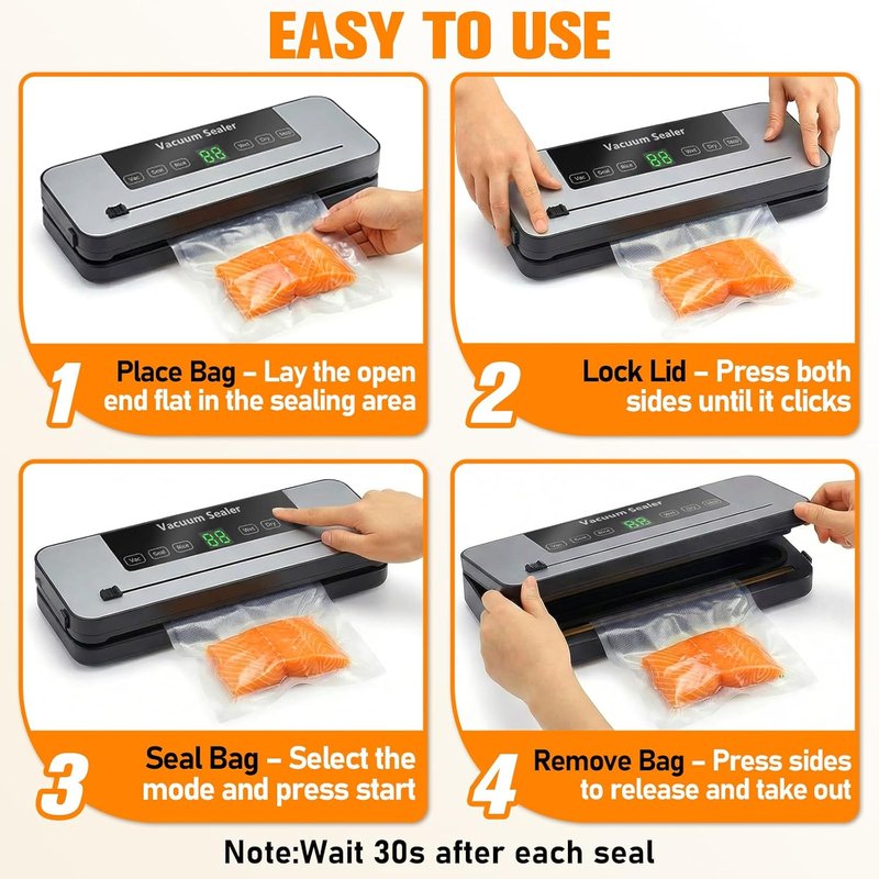Vacuum Sealer Machine - 6-in-1 One-Touch Automatic Food Saver with Built-in Cutter | Dry & Wet Modes, Digital Timer, 30 Bags - Grey
