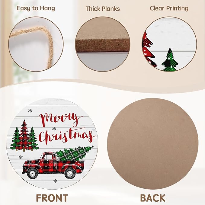 Merry Christmas Door Sign,ChristmasTree Decorations Wooden Holiday Hanging Sign for Front Door, Winter Decorations for Home Garden Christm New Year 12"x12"