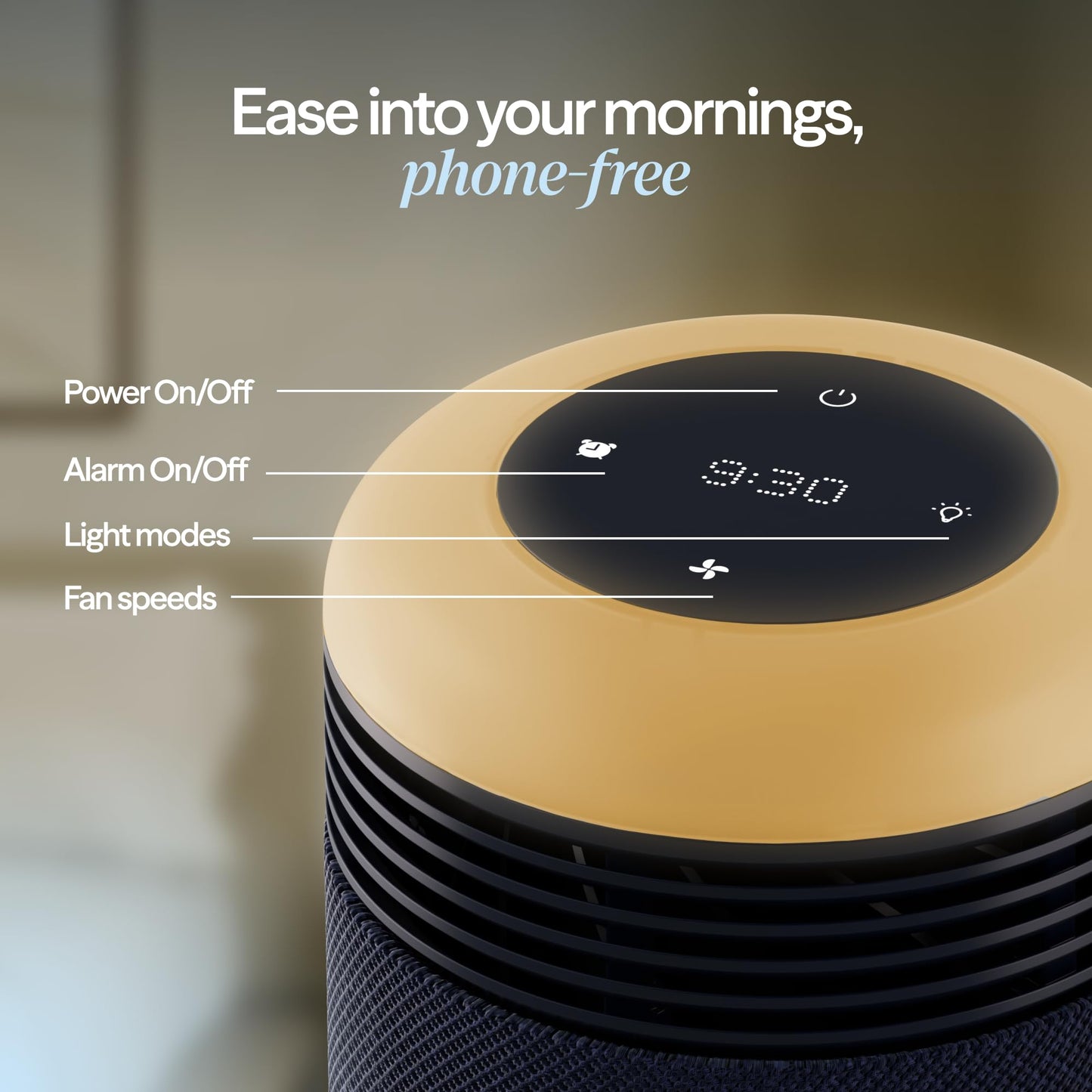 BLUEAIR Purifier for Bedroom - Mini Restful - Sunrise Clock with HEPASilent Filtration and Wake Up Light - Cleans Air and Supports Circadian Rhythm - USB-C and App Connectivity
