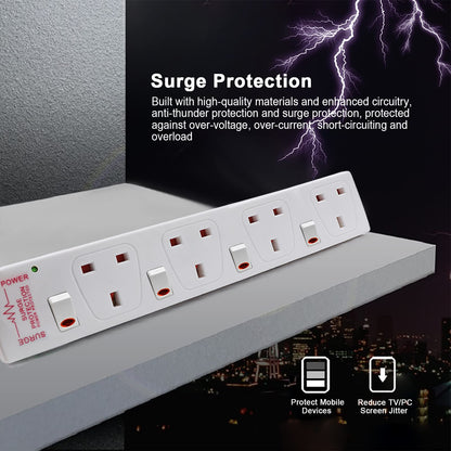 ExtraStar Extension Lead Surge Protection 4 Way Outlets, 13A Power Strip Wall Mounted with Individual Switches, Multi Socket Extension Cable UK Plug for Home and Office (1M, White)
