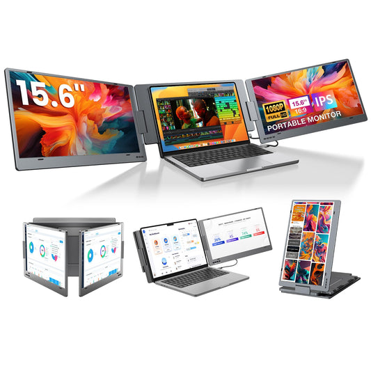 KYY Triple Laptop Screen Extender, 1080P FHD IPS 15.6" Travel Monitor, One Cable USB-C Portable Monitor, Dual Screen for 12"-17'' Laptops, Full Alloy, 360° Rotation & Kickstand, X90D (Driver Need)
